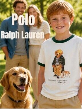 Polo by Ralph Lauren Cream Tee with Green Ringer and Bear Graphic